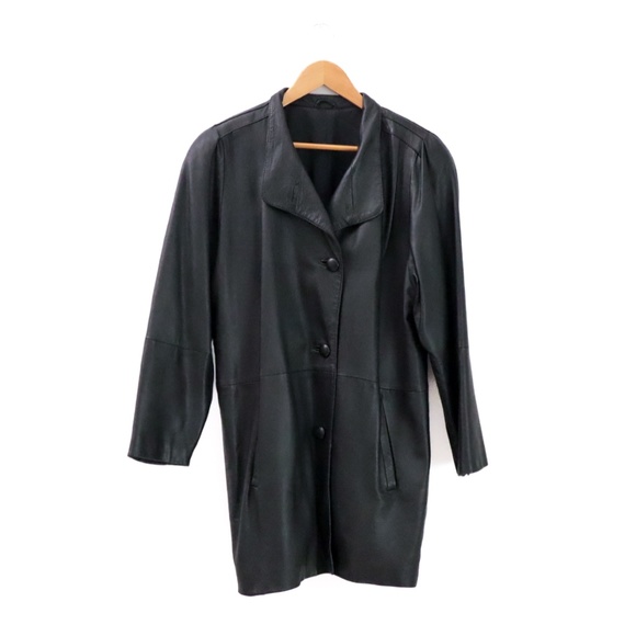 80s y2k Vintage Sheepskin winter black leather jacket coat / size M - Picture 2 of 9